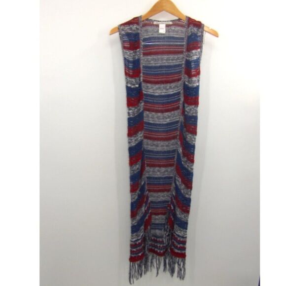 American Rag  Americana Striped Crochet Fringe Side Slit Duster Vest Size M - Picture 1 of 6